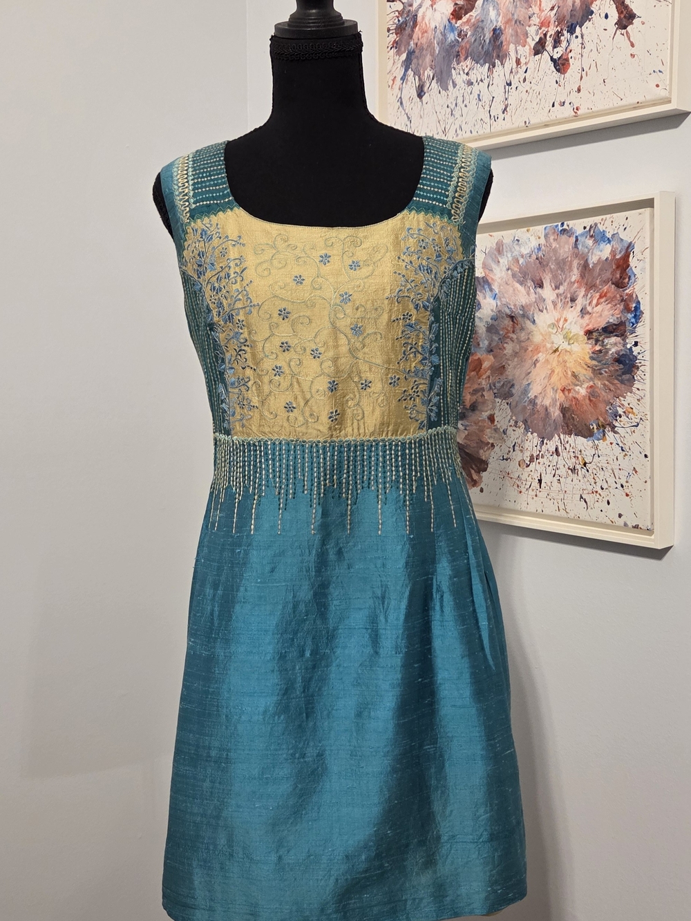 Sleeveless Teal Mini Dress with Gold Embroidered Bodice